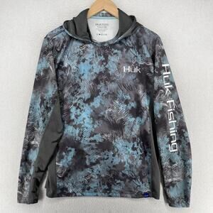 HUK Shirt Mens M Performance Fabrics Icon X Current Camo Hoodie Fishing Gray